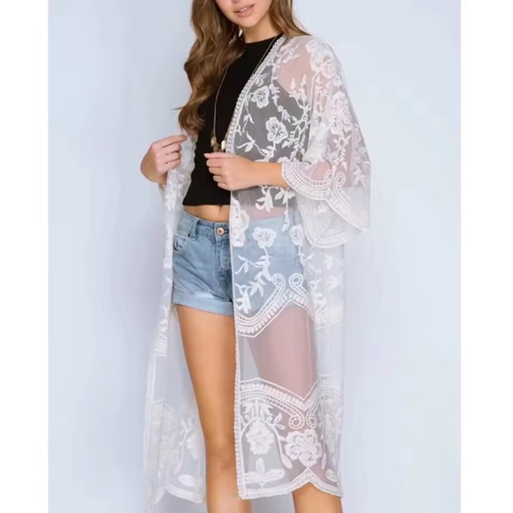 Floral lace cardigan kimono crochet embroidery  snow white beach bikini cover-up - Picture 2 of 8